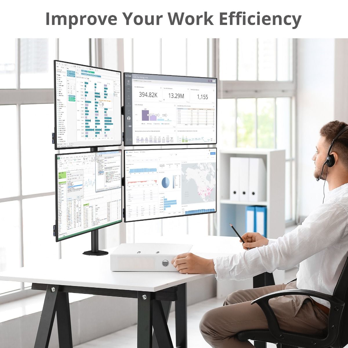 Articulating Quad Monitor Desk Mount - 13" to 32" - Max Load 19.8 lbs - 75x75mm/100x100mm