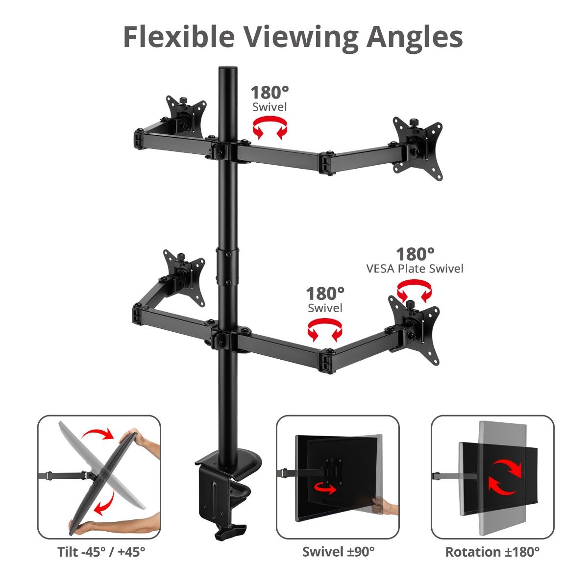 Articulating Quad Monitor Desk Mount - 13" to 32" - Max Load 19.8 lbs - 75x75mm/100x100mm