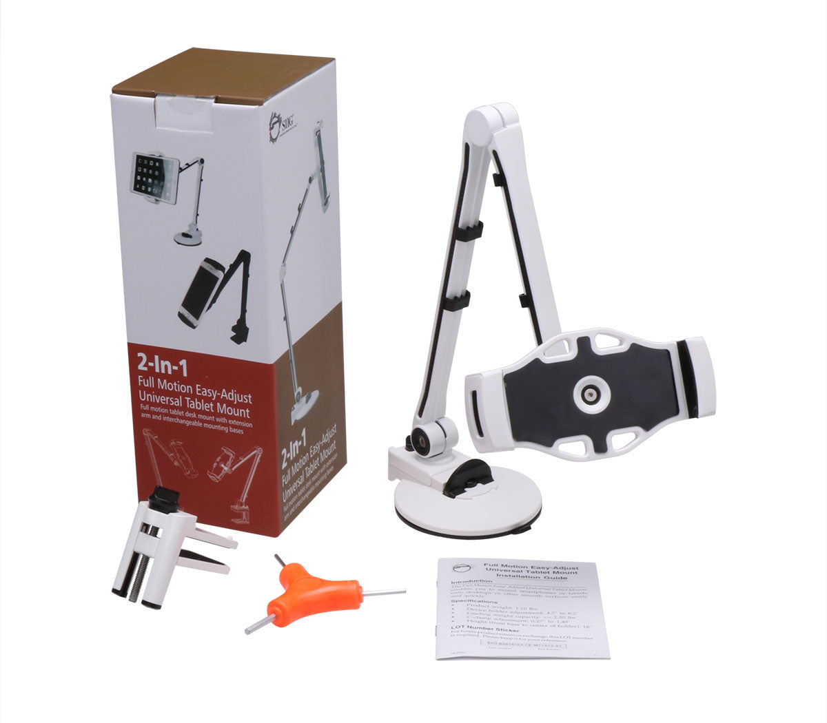 Full Motion Easy-Adjust Universal Tablet Mount - White - Fits 7" to 12" Screen - Max Load 2.2 lbs