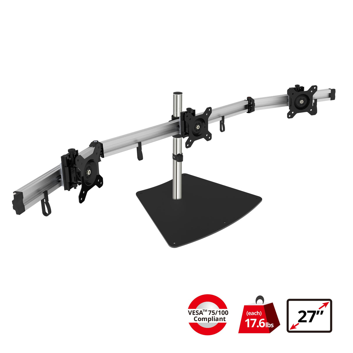 Premium Aluminum Freestanding Triple Monitor desk stand - 13" to 27" - Max Load 17.6 lbs each