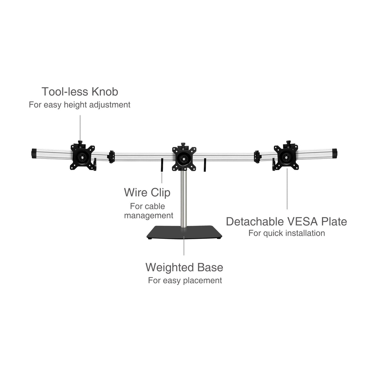 Premium Aluminum Freestanding Triple Monitor desk stand - 13" to 27" - Max Load 17.6 lbs each