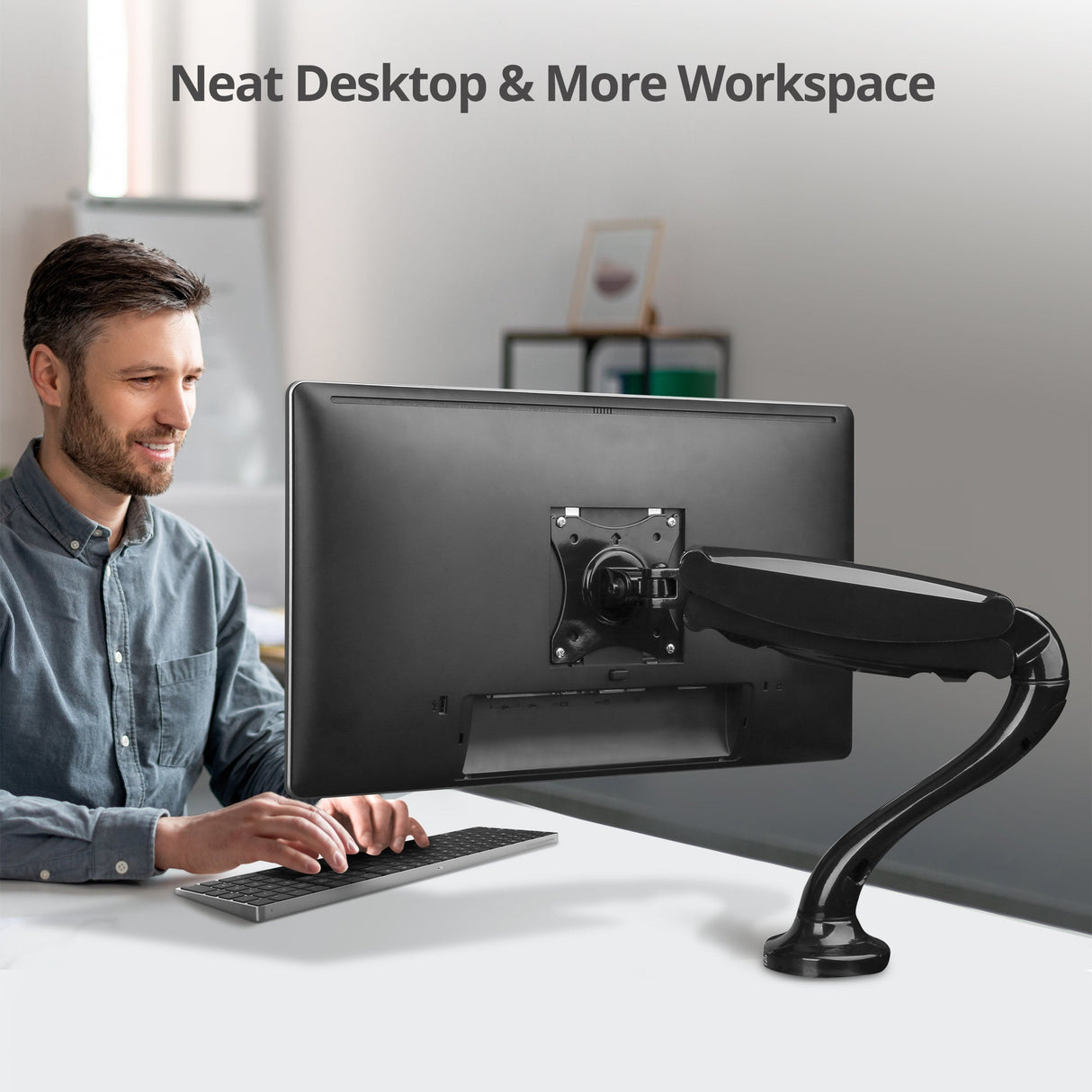 Full-Motion Gas Spring Single Monitor Desk Mount 13” to 27” - Black, Max load 13.2 Ibs, Full-motion Adjustment