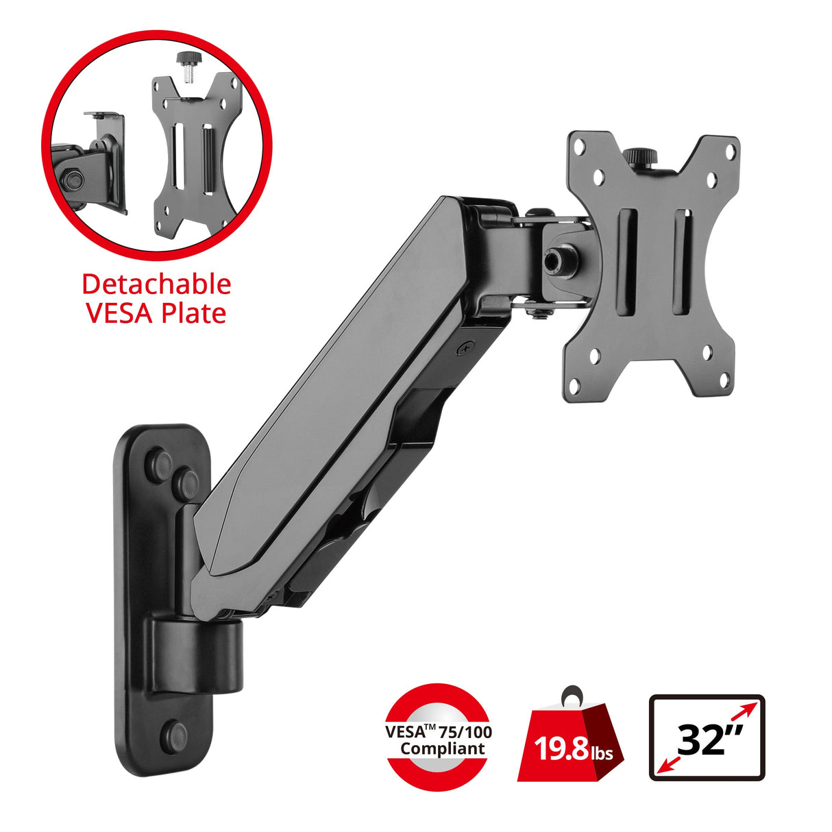 Aluminum Wall Mount Gas Spring Monitor Arm - 17" to 32" - Load Bearing 19.8 lbs max