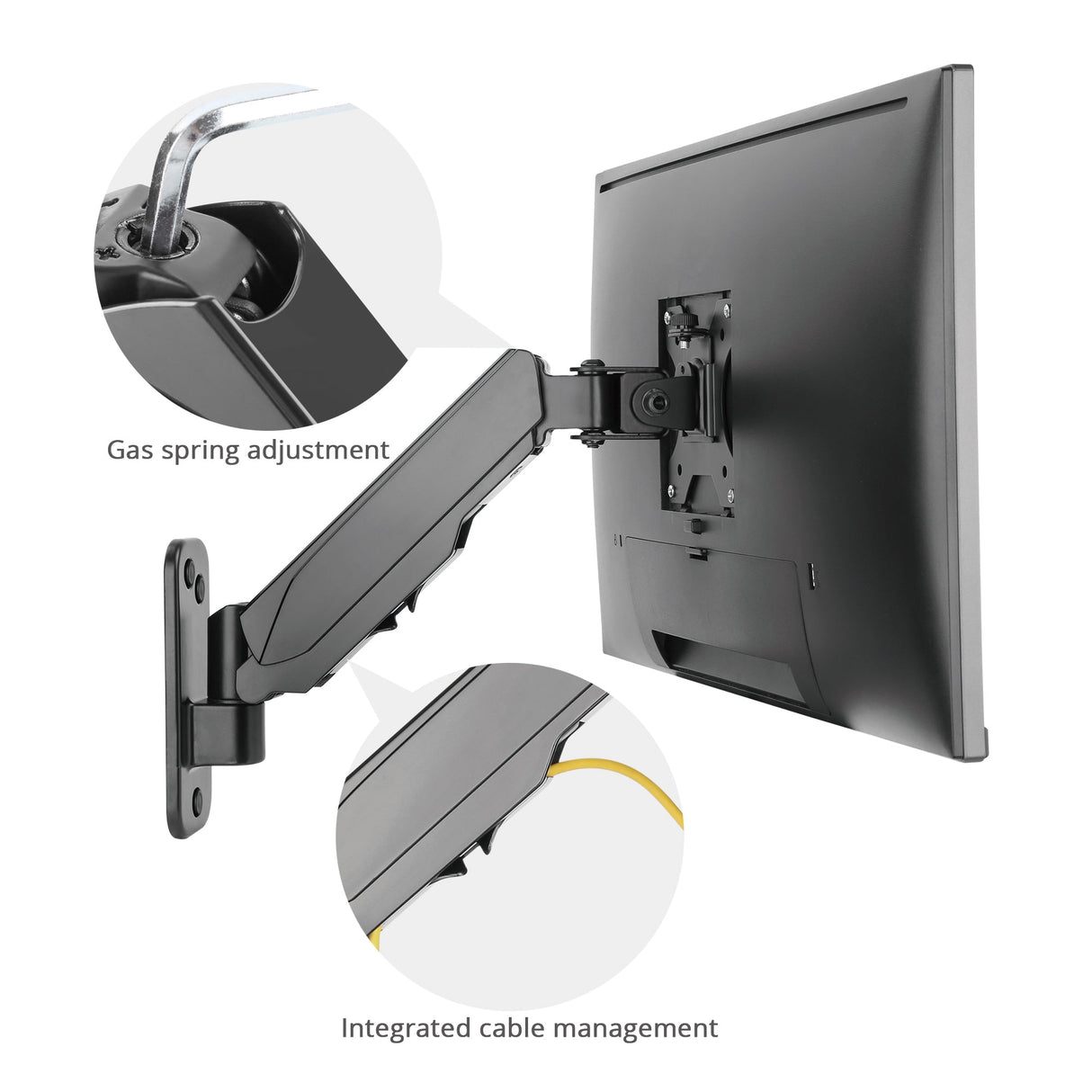 Aluminum Wall Mount Gas Spring Monitor Arm - 17" to 32" - Load Bearing 19.8 lbs max