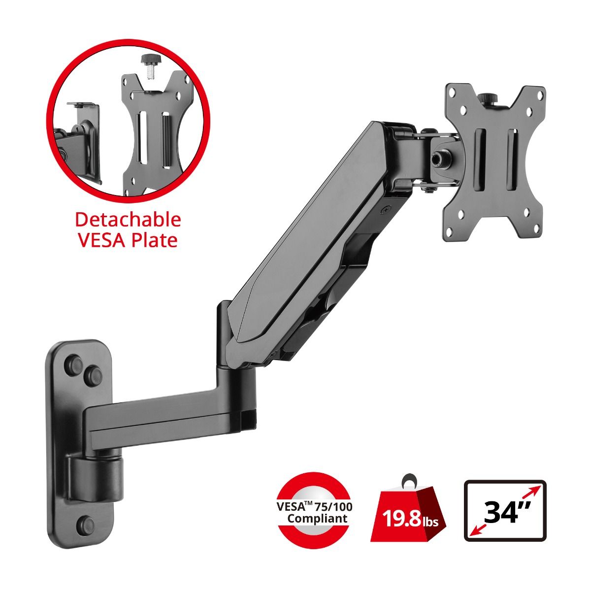 High Premium Aluminum Gas Spring Wall Mount - Single Monitor - 17" to 34" - weight up to 19.8 lbs