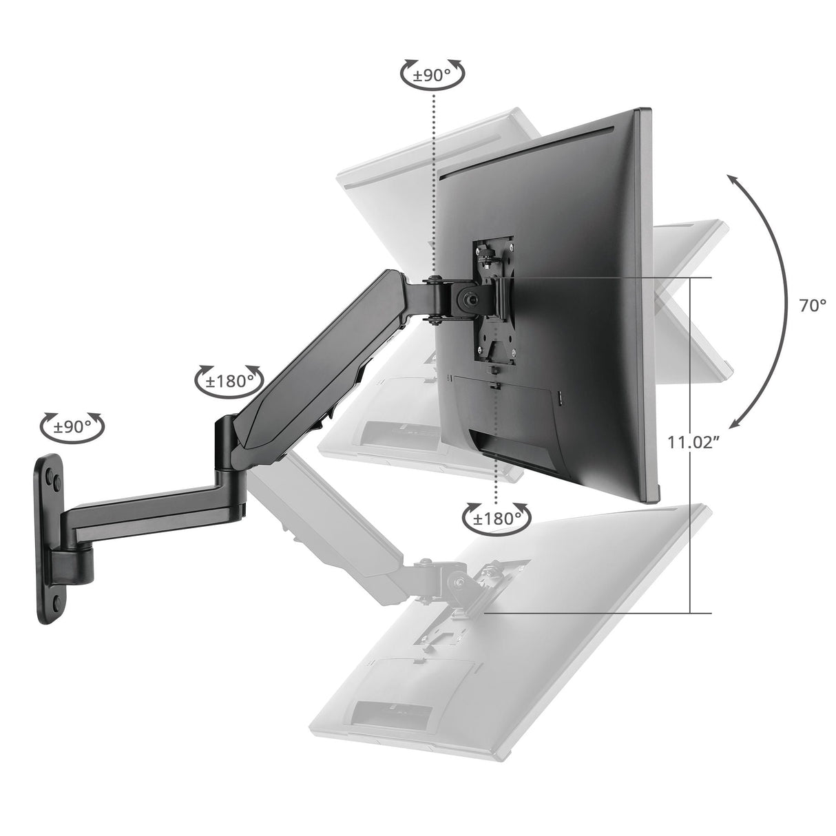 High Premium Aluminum Gas Spring Wall Mount - Single Monitor - 17" to 34" - weight up to 19.8 lbs