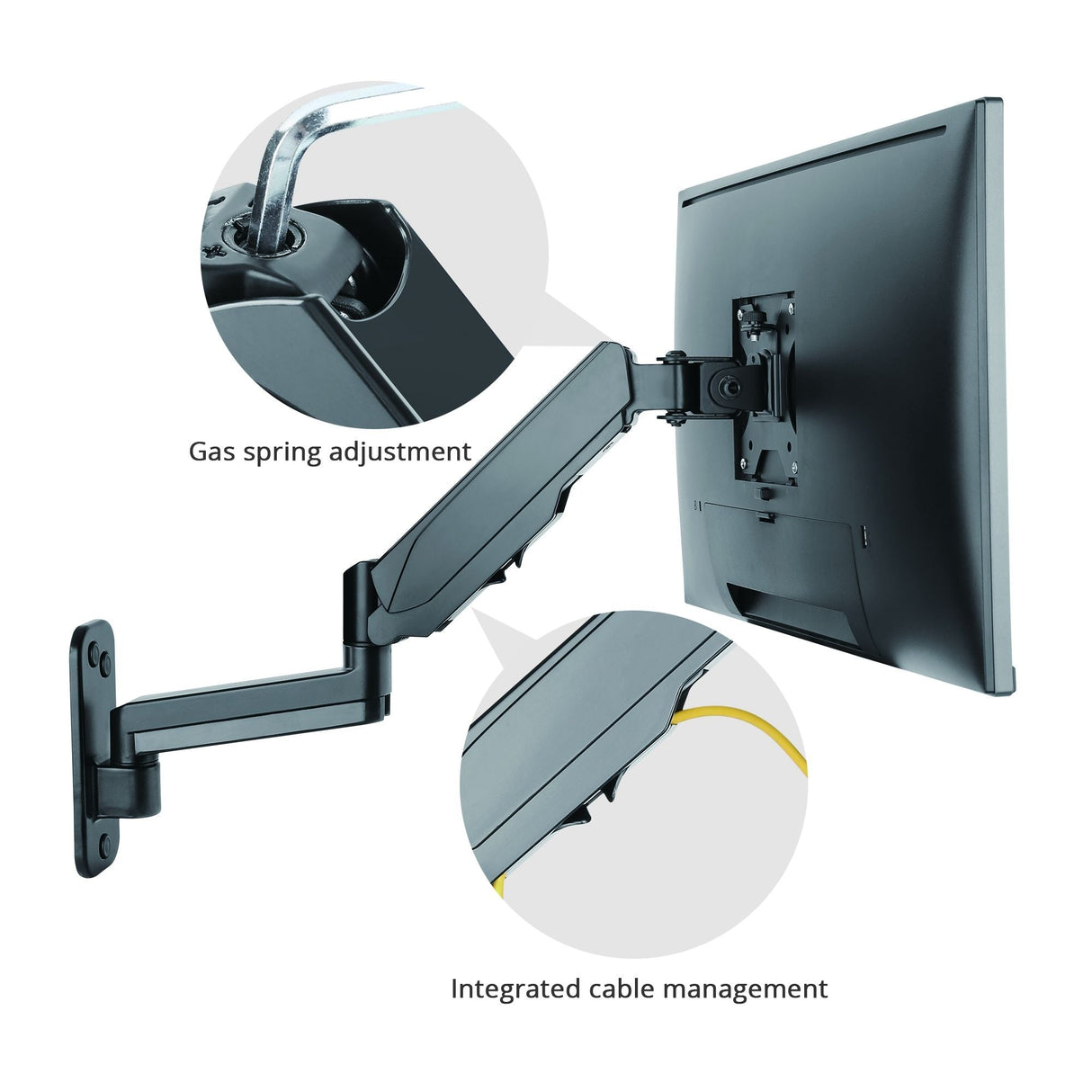 High Premium Aluminum Gas Spring Wall Mount - Single Monitor - 17" to 34" - weight up to 19.8 lbs