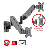 High Premium Aluminum Gas Spring Wall Mount - Dual Monitor, 17" to 32", weight up to 17.6 lbs each