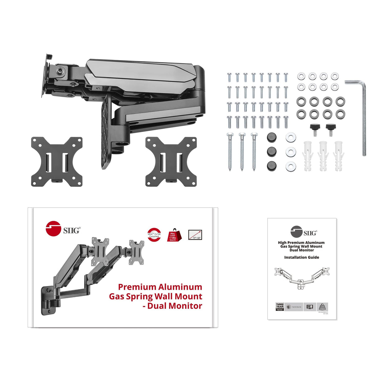 High Premium Aluminum Gas Spring Wall Mount - Dual Monitor, 17" to 32", weight up to 17.6 lbs each
