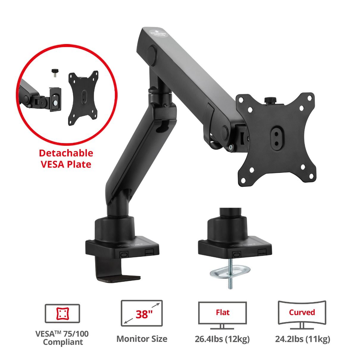 Aluminum Mechanical Spring Slim Monitor Arm Desk Mount- Single 17" to 38", Max Load 26.4 lbs