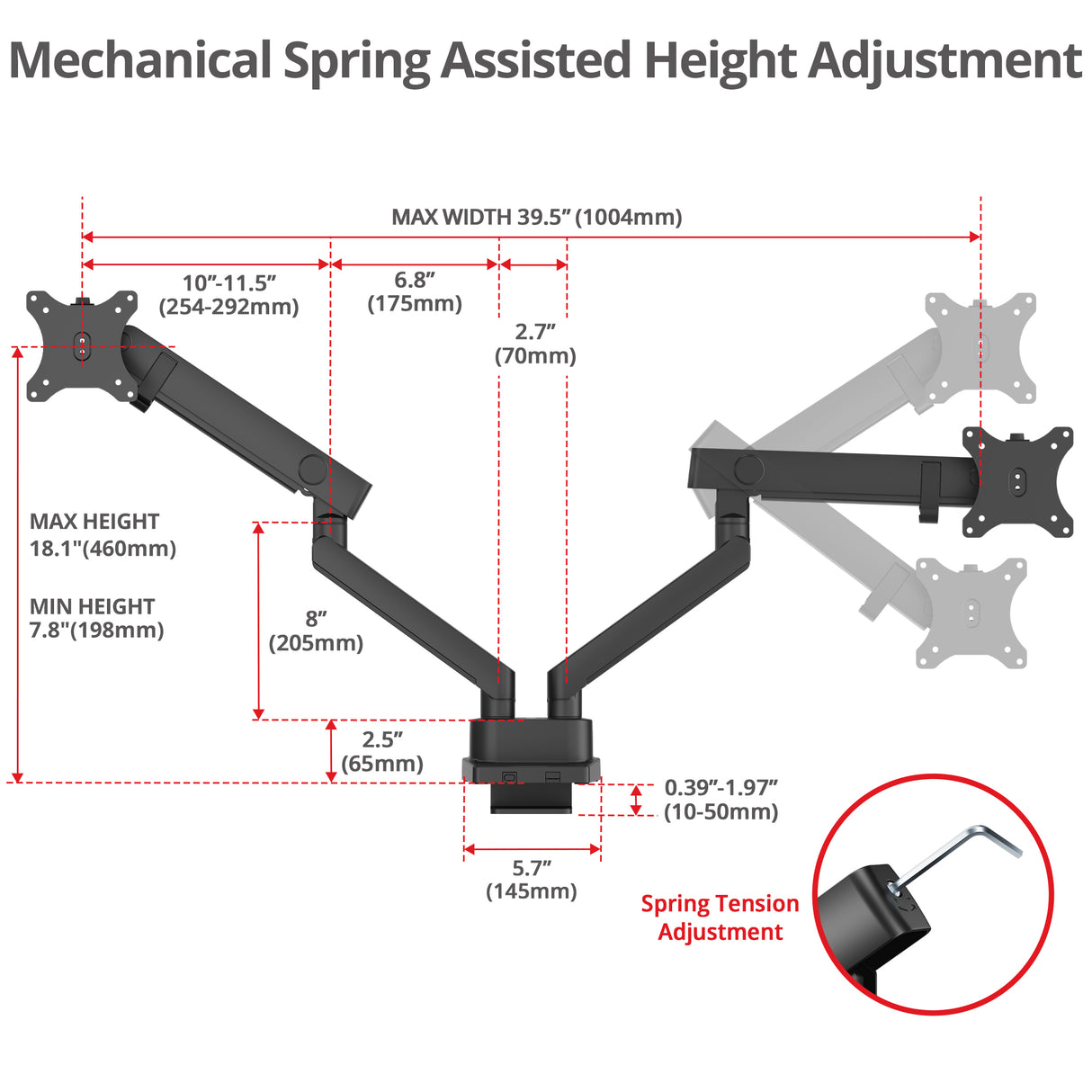 Dual 38" Mechanical Spring Monitor Arm Top Mount-Black -  Up to 38" Monitor, Max Load up to 26.4 lbs each