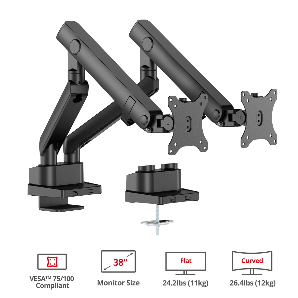 Dual 38" Mechanical Spring Monitor Arm Top Mount-Black -  Up to 38" Monitor, Max Load up to 26.4 lbs each