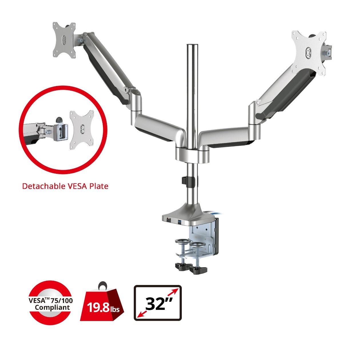 Dual Monitor Gas Spring Desk Mount with USB Port - 13" to 32" - Max Load up to 19.8 lbs each - Quick Access USB & Audio Port