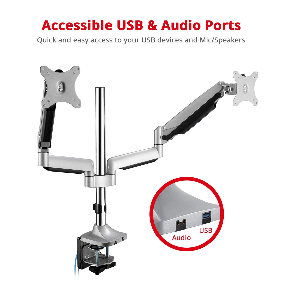 Dual Monitor Gas Spring Desk Mount with USB Port - 13" to 32" - Max Load up to 19.8 lbs each - Quick Access USB & Audio Port