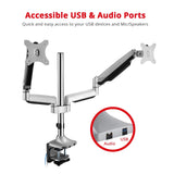 Dual Monitor Gas Spring Desk Mount with USB Port - 13" to 32" - Max Load up to 19.8 lbs each - Quick Access USB & Audio Port