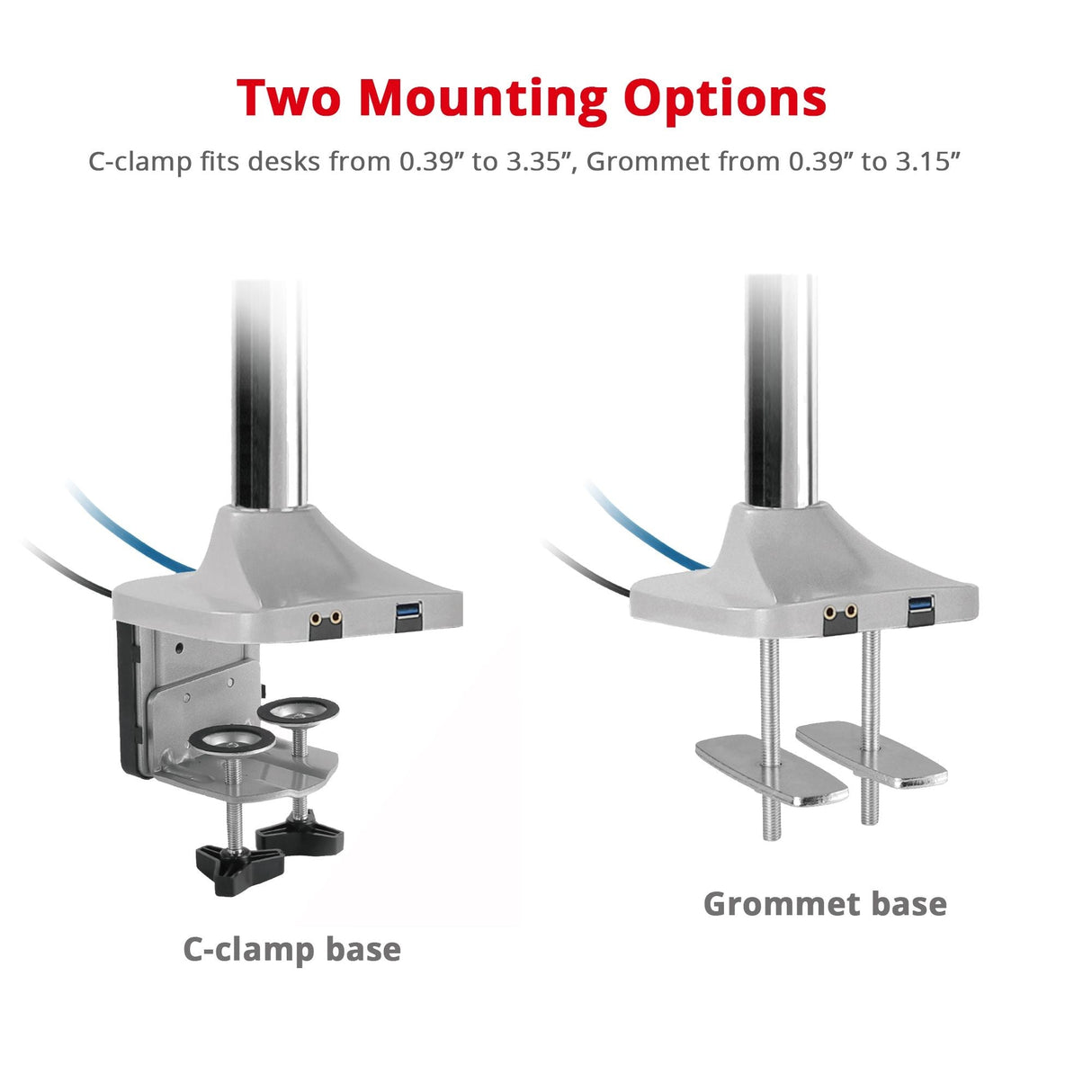 Dual Monitor Gas Spring Desk Mount with USB Port - 13" to 32" - Max Load up to 19.8 lbs each - Quick Access USB & Audio Port