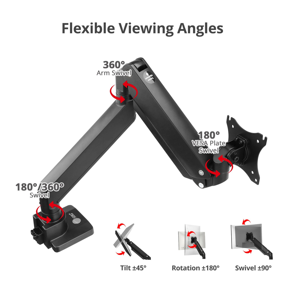 Single 43" Monitor Heavy-Duty Premium Gas Spring Desk Mount - Black, VESA 75x75, 100x100, 200x200mm