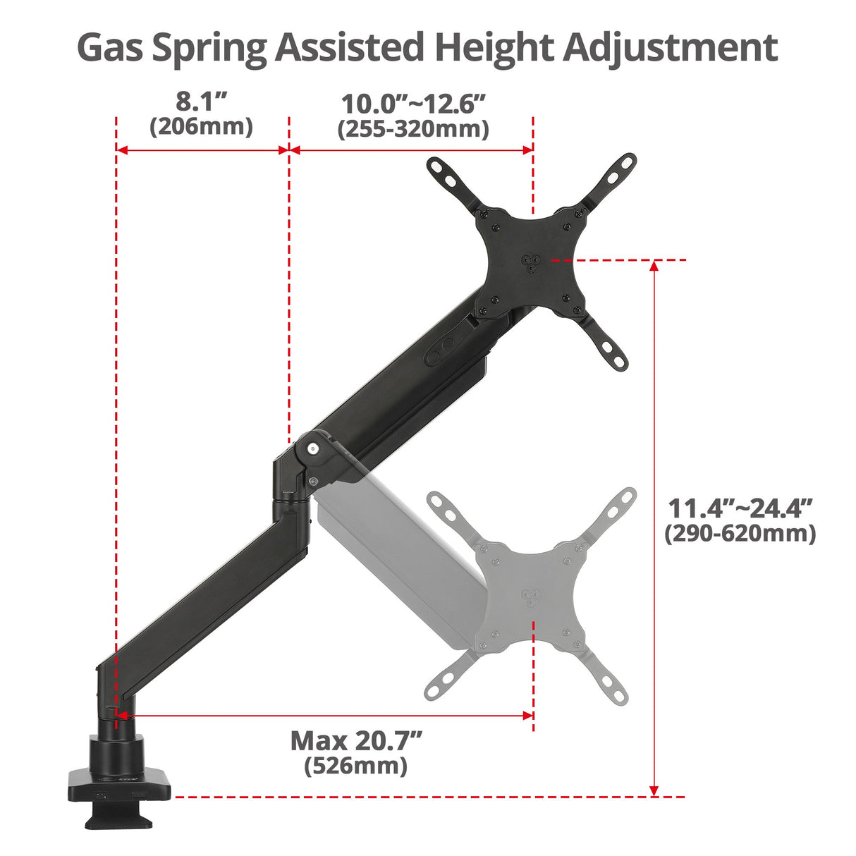 Single 43" Monitor Heavy-Duty Premium Gas Spring Desk Mount - Black, VESA 75x75, 100x100, 200x200mm