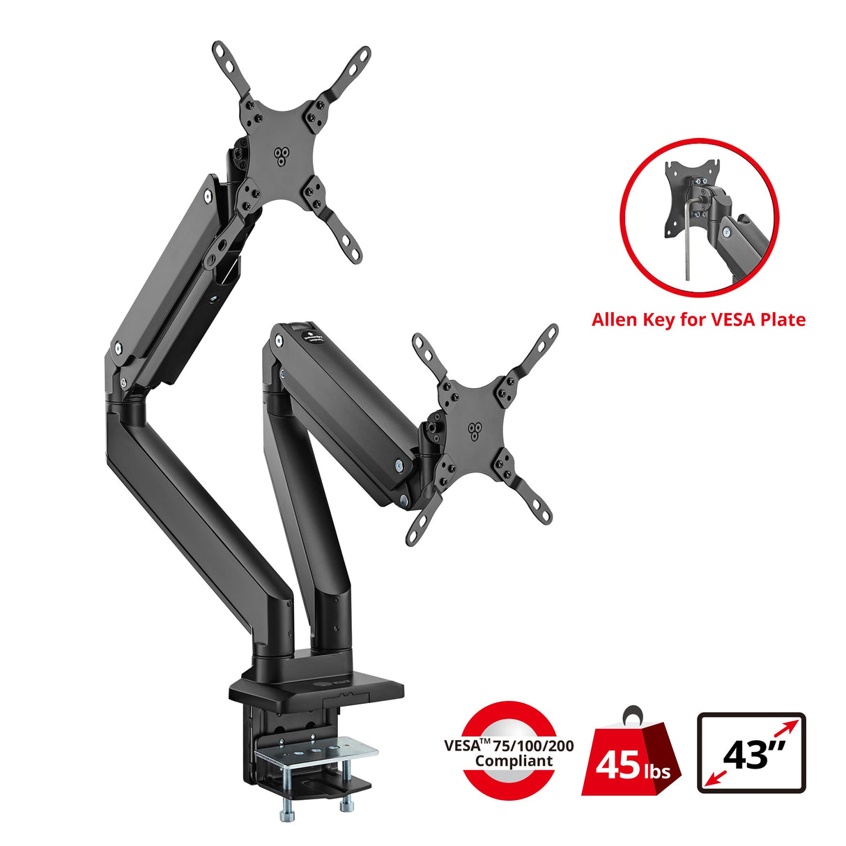 Dual Monitor Heavy-Duty Premium Aluminum Gas Spring Desk Mount - up to 43", VESA 75x75, 100x100, 200x200mm