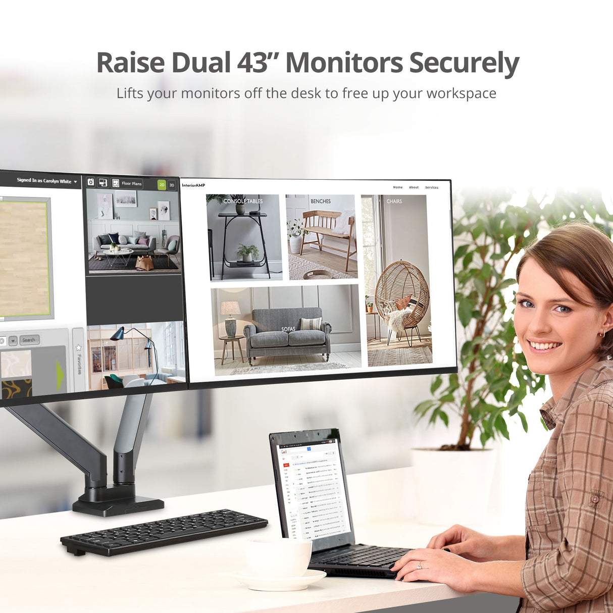 Dual Monitor Heavy-Duty Premium Aluminum Gas Spring Desk Mount - up to 43", VESA 75x75, 100x100, 200x200mm