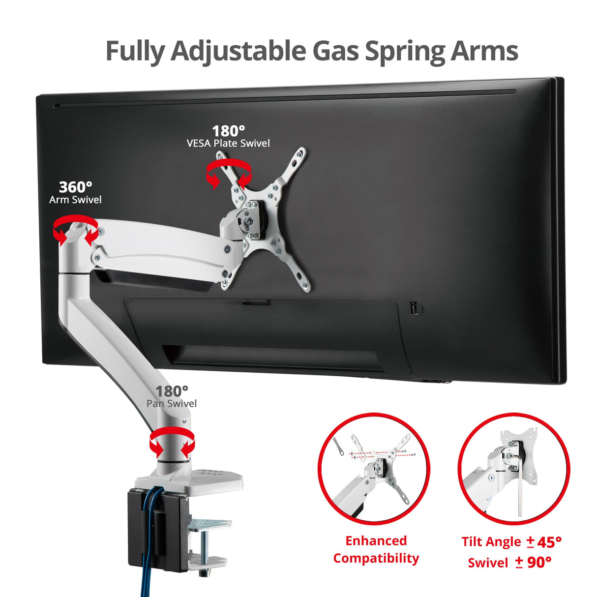 Heavy Duty Gas Spring Single Monitor Arm - Desk Mount, 17" to 43", 33 lbs Max, Aluminum, VESA 75x75, 100x100, 200x200mm, Quick Access USB 3.0 & Audio Port