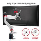 Heavy Duty Gas Spring Single Monitor Arm - Desk Mount, 17" to 43", 33 lbs Max, Aluminum, VESA 75x75, 100x100, 200x200mm, Quick Access USB 3.0 & Audio Port
