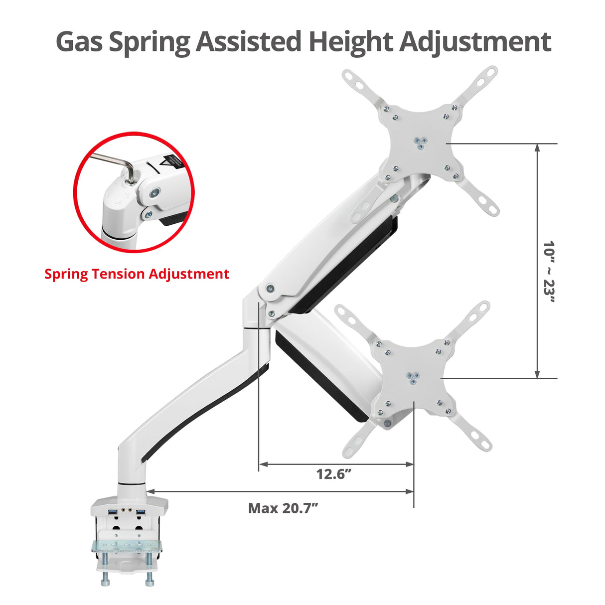 Heavy Duty Gas Spring Single Monitor Arm - Desk Mount, 17" to 43", 33 lbs Max, Aluminum, VESA 75x75, 100x100, 200x200mm, Quick Access USB 3.0 & Audio Port