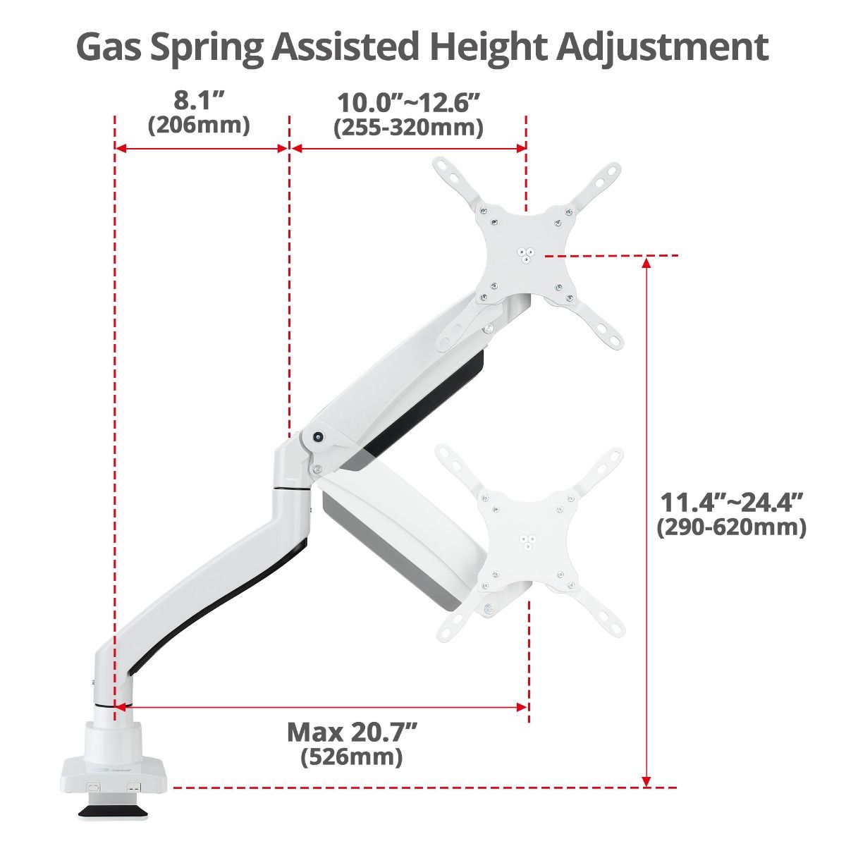 Single 43" Monitor Heavy-Duty Premium Gas Spring Desk Mount - White, VESA 75x75, 100x100, 200x200mm