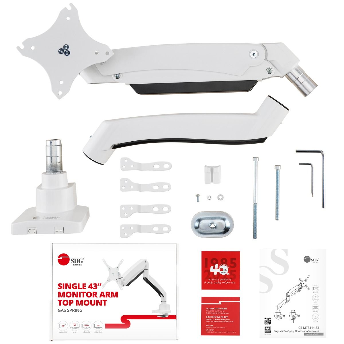 Single 43" Monitor Heavy-Duty Premium Gas Spring Desk Mount - White, VESA 75x75, 100x100, 200x200mm
