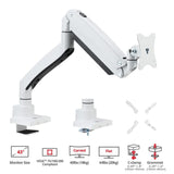 Single 43" Monitor Heavy-Duty Premium Gas Spring Desk Mount - White, VESA 75x75, 100x100, 200x200mm