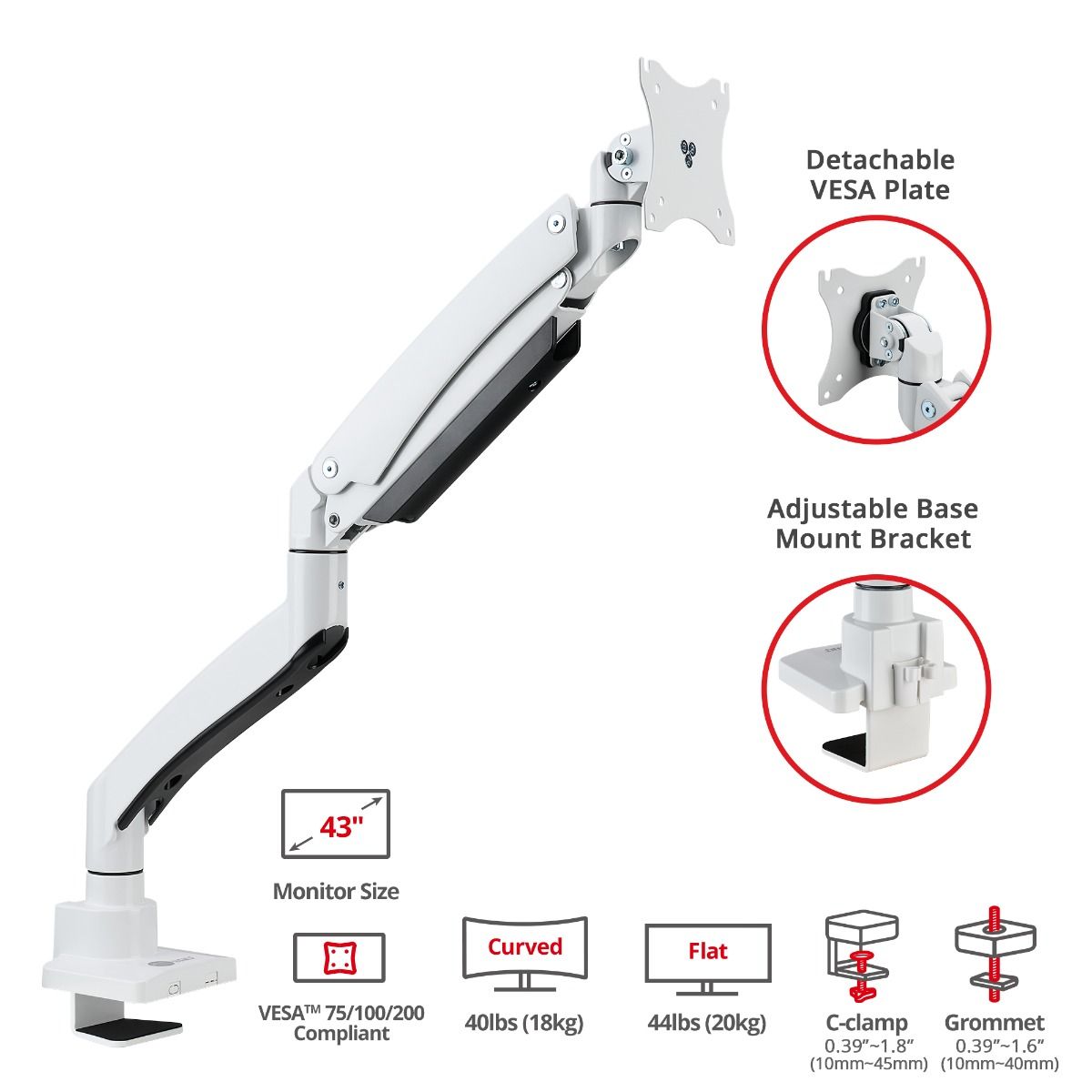Single 43" Monitor Heavy-Duty Premium Gas Spring Desk Mount - White, VESA 75x75, 100x100, 200x200mm