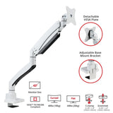 Single 43" Monitor Heavy-Duty Premium Gas Spring Desk Mount - White, VESA 75x75, 100x100, 200x200mm