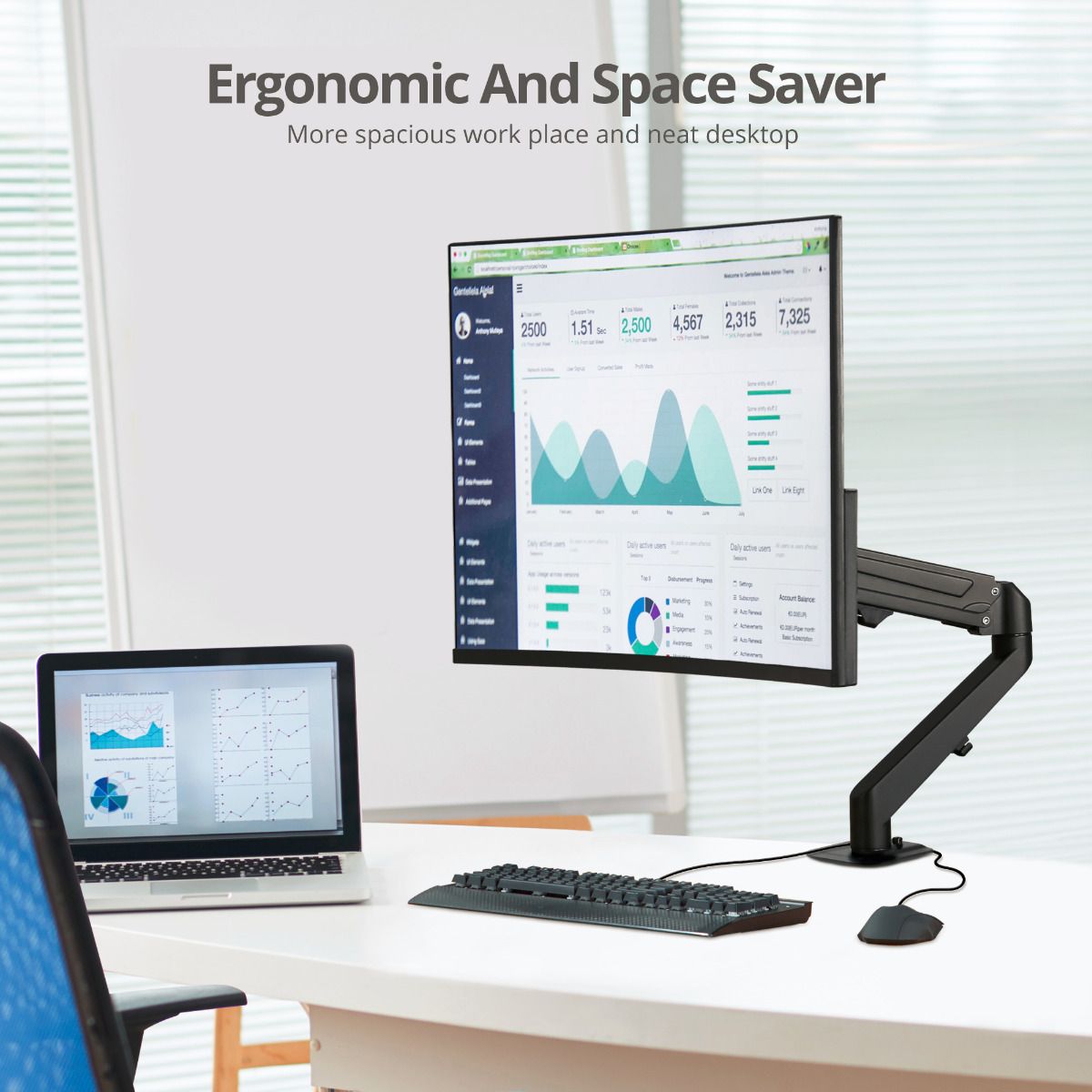 Single Monitor Gas Spring C-Clamp Desk Mount -17 to 27", Max Load 14.3 lbs