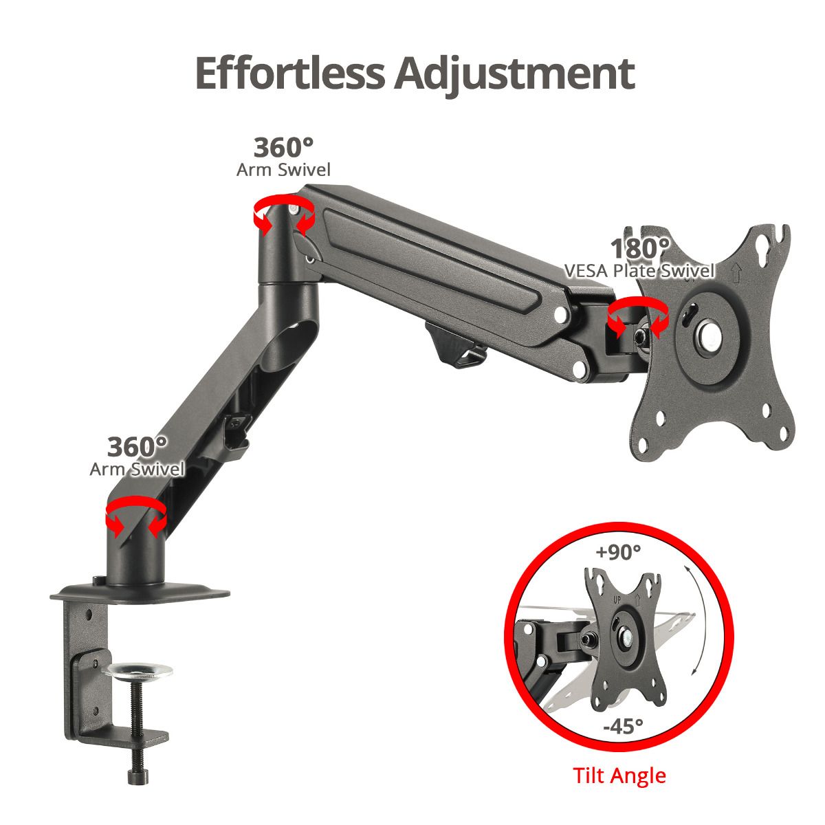 Single Monitor Gas Spring C-Clamp Desk Mount -17 to 27", Max Load 14.3 lbs