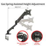 Single Monitor Gas Spring C-Clamp Desk Mount -17 to 27", Max Load 14.3 lbs