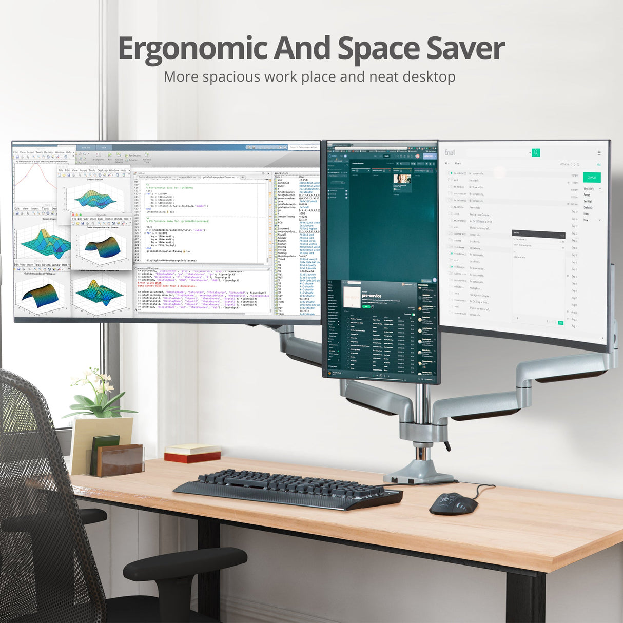 Triple Monitor Aluminum Gas Spring Desk Mount - 13" to 32" - 15.4 lbs each- Detachable VESA plate