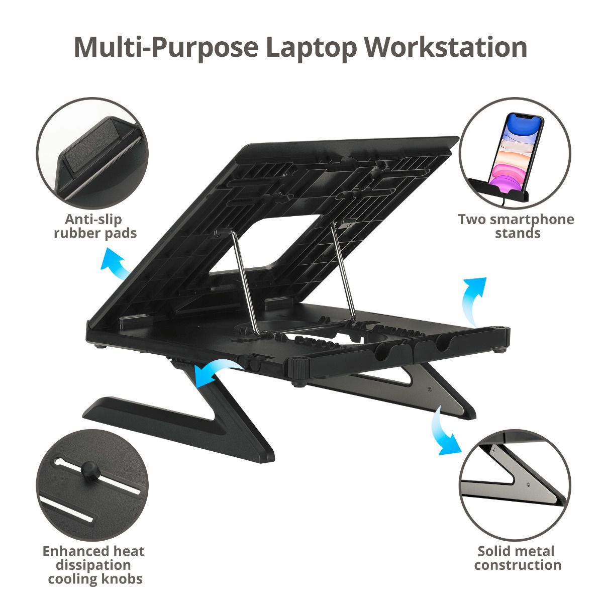Adjustable Riser Stand Holder for Laptop & Smart Phone, Fits Laptop Size up to 17", Max Load 22Ibs, 9-level tilt adjustment, Foldable