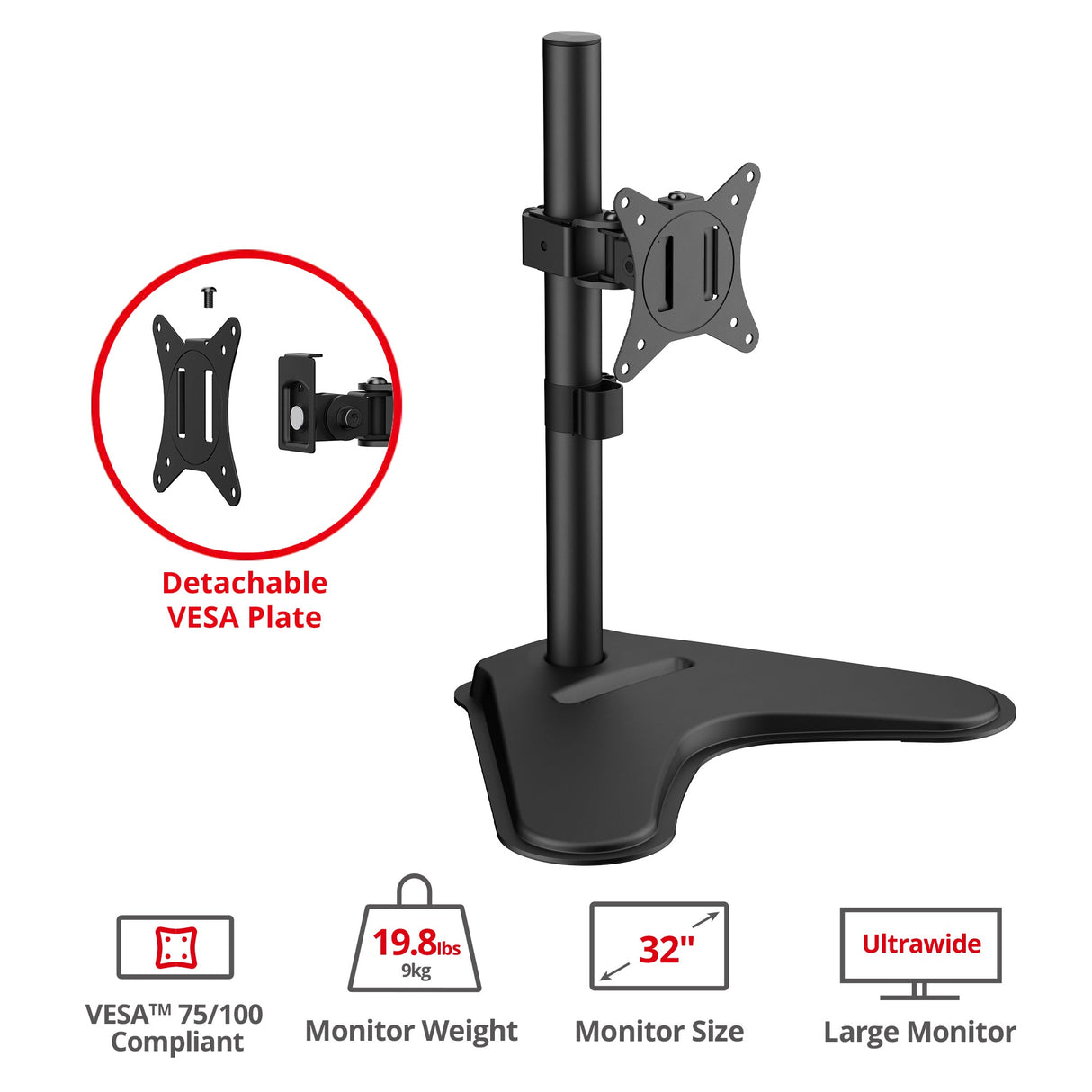 Height Adjustable Single Monitor Freestanding Desk Stand for 13" to 32", Max Load 19.8 Ibs, Easy Height Adjustment