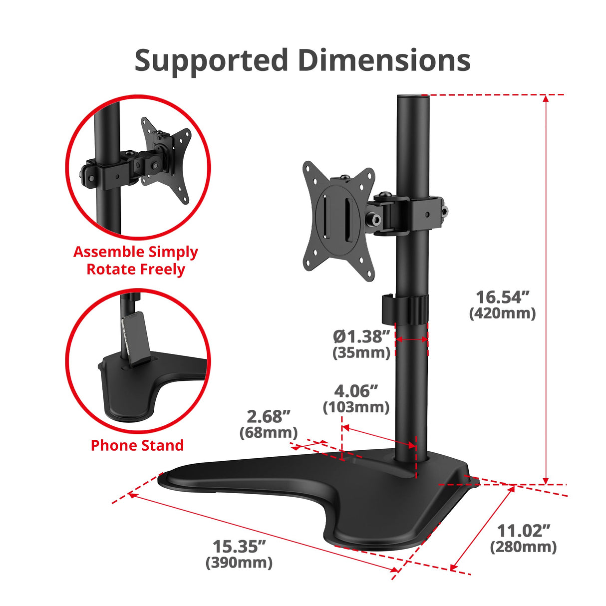Height Adjustable Single Monitor Freestanding Desk Stand for 13" to 32", Max Load 19.8 Ibs, Easy Height Adjustment
