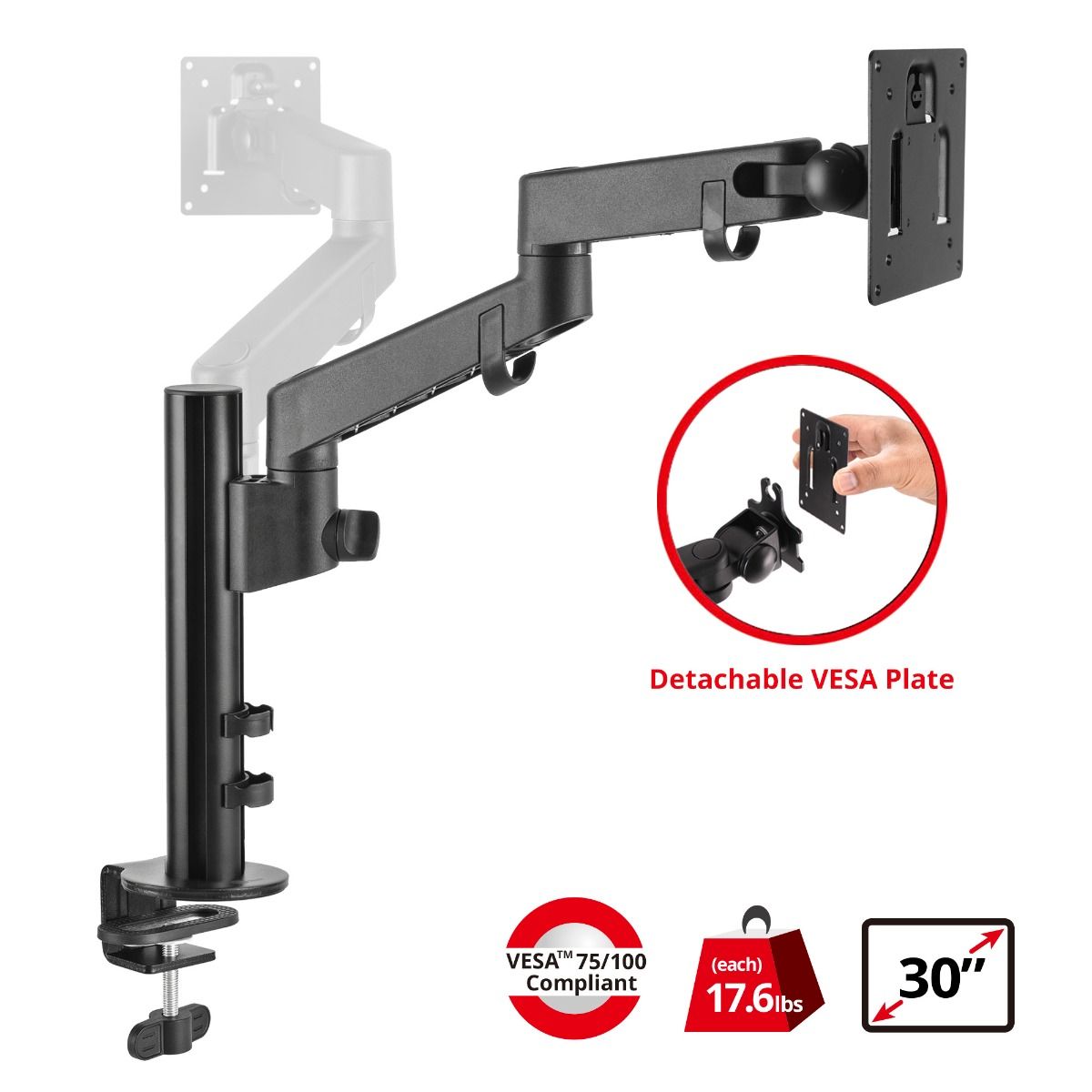 Single Arm Pole Multi-Angle Replaceable Articulating Monitor Desk Mount - 14~30"- 17.6lbs each- Detachable VESA plate