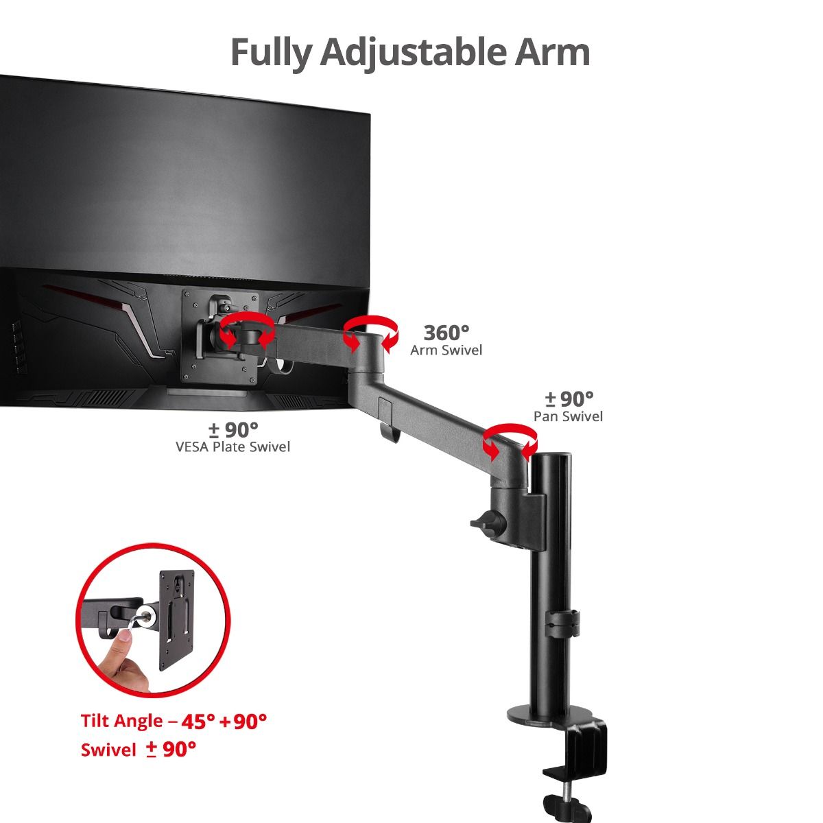 Single Arm Pole Multi-Angle Replaceable Articulating Monitor Desk Mount - 14~30"- 17.6lbs each- Detachable VESA plate