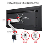 Heavy Duty Gas Spring Single Monitor Arm - Desk Mount, 17" to 49", 50.7 lbs Max, Aluminum, VESA 75x75, 100x100, 200x200mm, Quick Access USB 3.0 & Audio Port