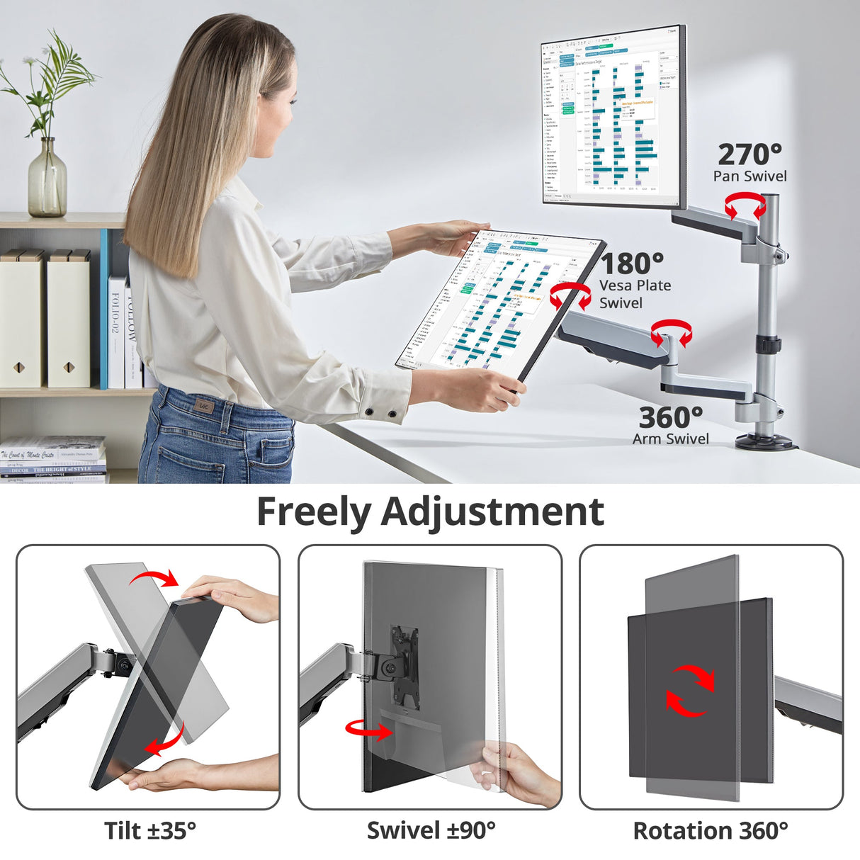 Dual Stacked Monitor Arm Desk Mount - 17" - 32" - Max Load 19.8lbs each - VESA 75/100mm