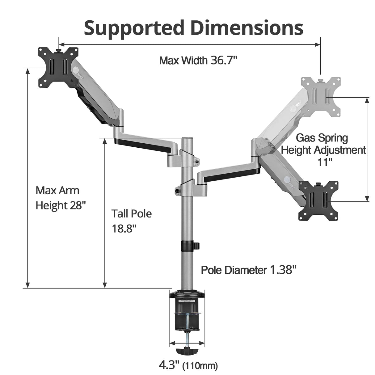 Dual Stacked Monitor Arm Desk Mount - 17" - 32" - Max Load 19.8lbs each - VESA 75/100mm