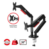 Dual Monitor Gas Spring Arm Desk Mount - 13" to 32" - Max Load 22 lbs - VESA 75/100mm