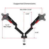 Dual Monitor Gas Spring Arm Desk Mount - 13" to 32" - Max Load 22 lbs - VESA 75/100mm