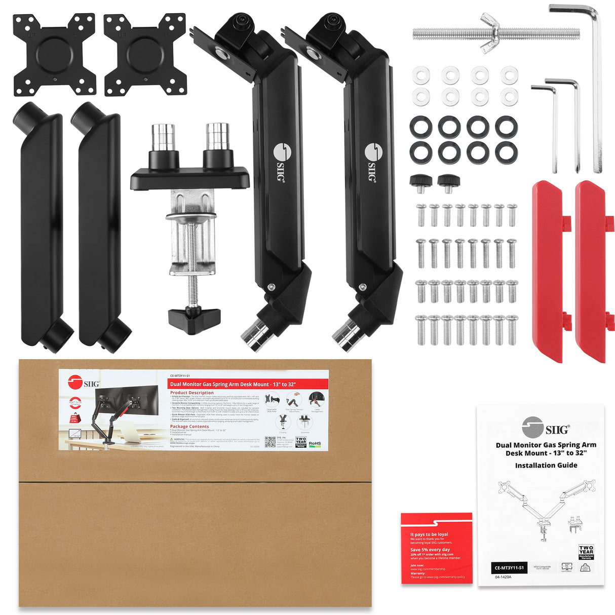 Dual Monitor Gas Spring Arm Desk Mount - 13" to 32" - Max Load 22 lbs - VESA 75/100mm