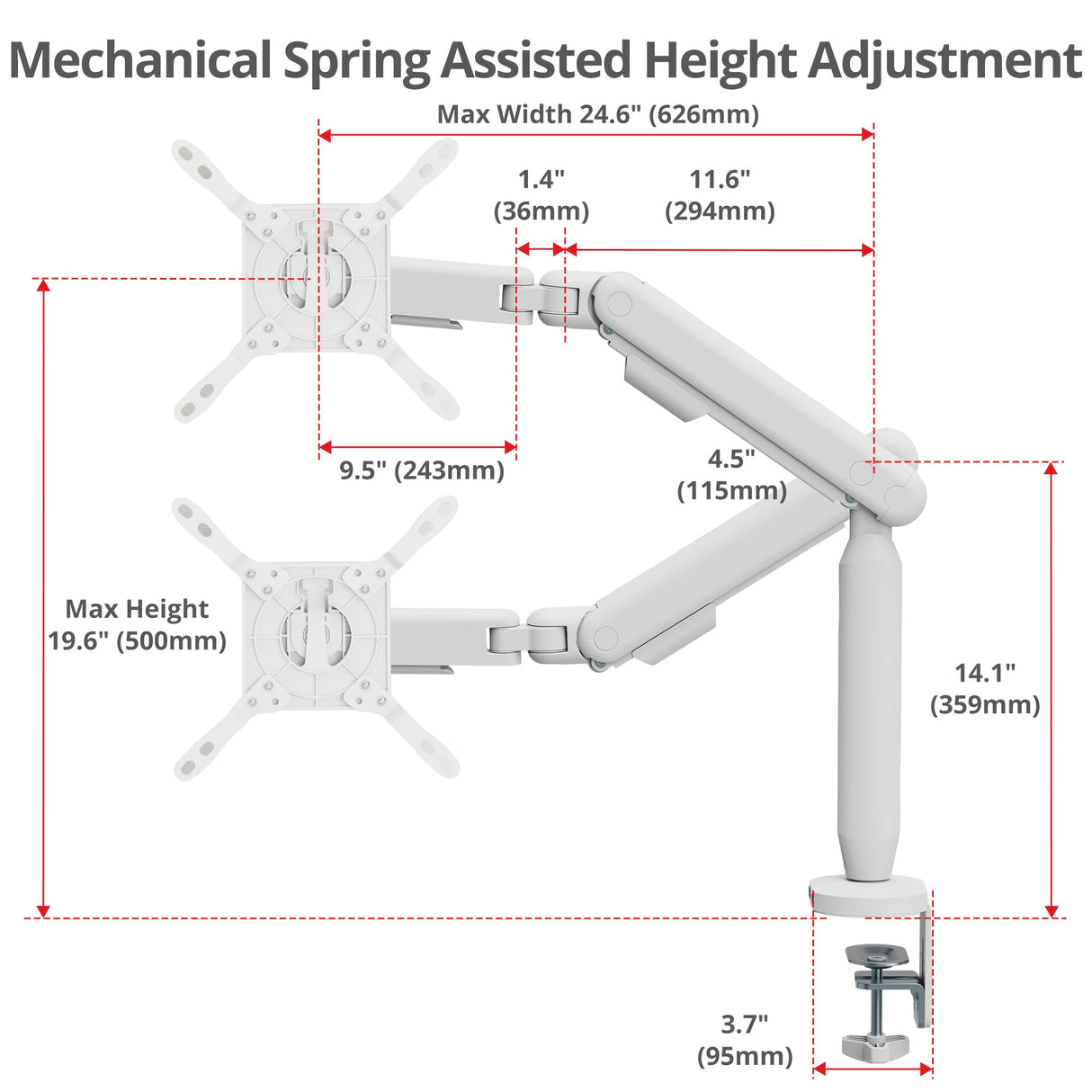 Single 40 Inch Ultrawide 3-Segment Easel Monitor Arm, Aluminum Pneumatic-Assist Stand with Full Motion Adjustment and Integrated USB-C/USB-A Ports – White