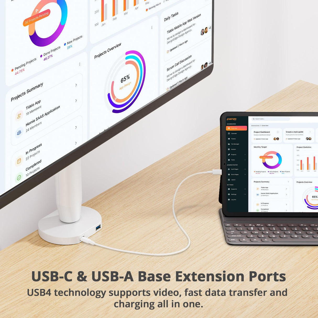Single 40 Inch Ultrawide 3-Segment Easel Monitor Arm, Aluminum Pneumatic-Assist Stand with Full Motion Adjustment and Integrated USB-C/USB-A Ports – White
