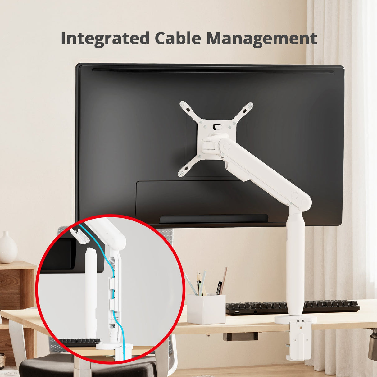 Single 40 Inch Ultrawide 3-Segment Easel Monitor Arm, Aluminum Pneumatic-Assist Stand with Full Motion Adjustment and Integrated USB-C/USB-A Ports – White